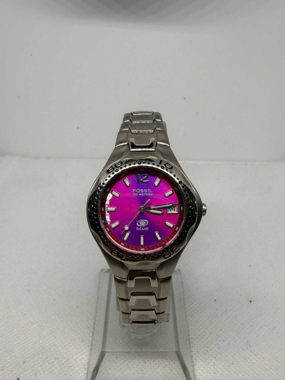 Fossil Blue AM3529 Women's SS Hot Pink Sunburst Dial Luminous Date Watch 100M